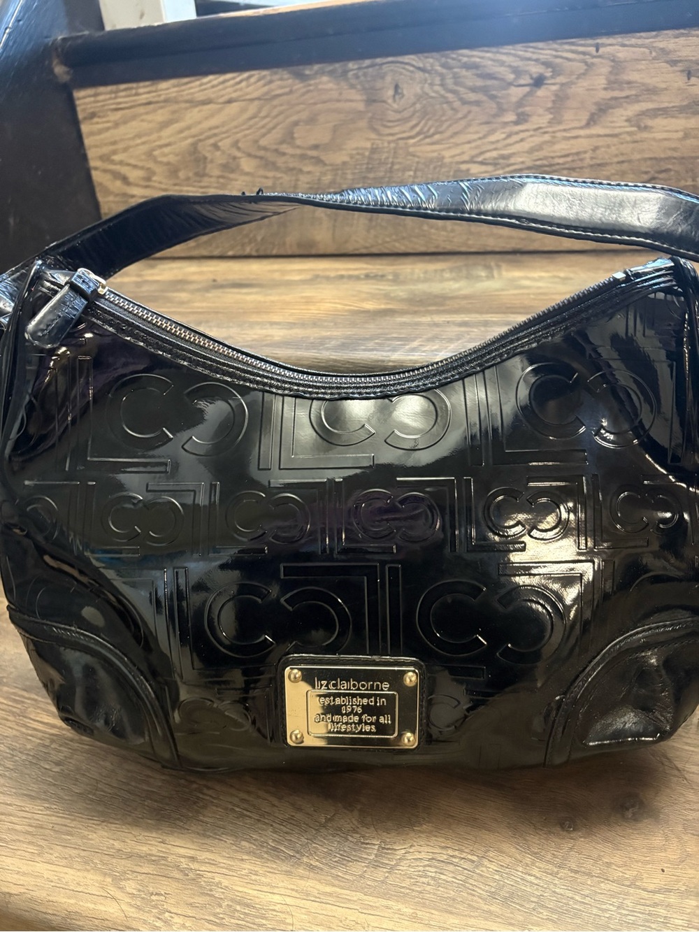 Liz Claiborne Black Patent Embossed Logo Shoulder Bag
